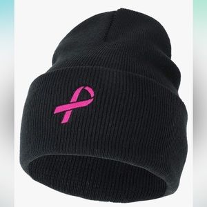 Breast Cancer Awareness Pink Ribbon Embroidered Long Beanie Hat- Armycrew